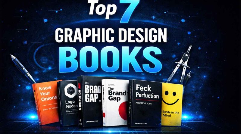 Top 7 graphic design books thumbnail with modern blue neon style and book covers