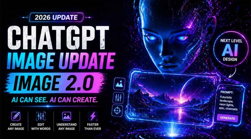 ChatGPT image generation update 2026 showing futuristic AI face with neon blue and purple glow creating holographic images